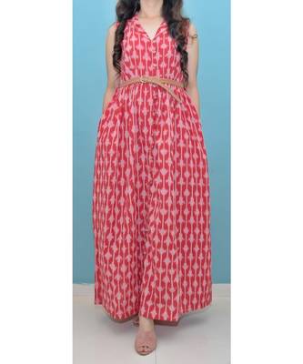 Red Ikat Cotton Front Open Long Dress 1