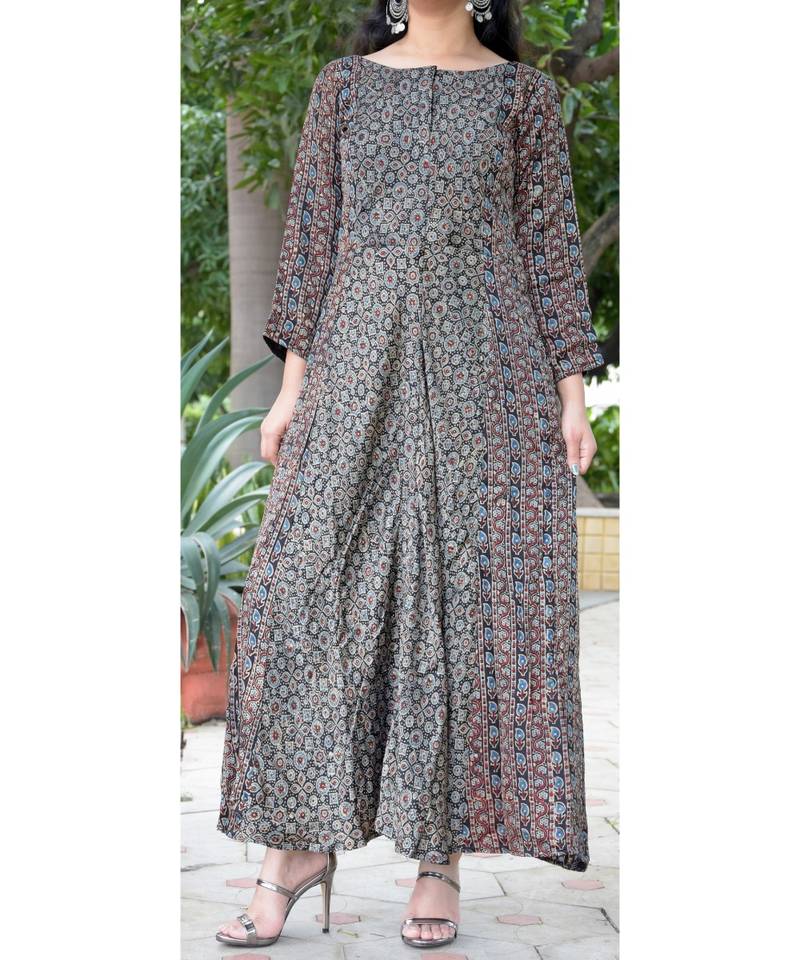 Black Ajrakh Hand Block Printed Modal Silk Panelled Long Dress
