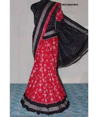 Red With Black & Grey Border Double Ikat Cotton Saree With Blouse 1