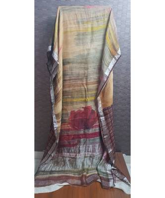 Brown Digital Floral Printed Pure Linen Saree With Dark Maroon Check Blouse 1