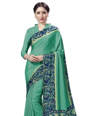 Turquoise Printed Crepe Sarees With Blouse 2