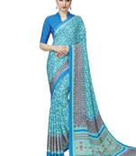 Blue Printed Crepe Sarees With Blouse