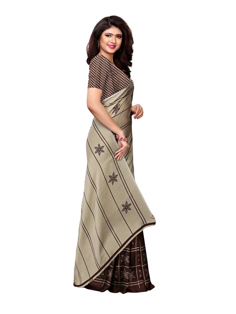 Beige Printed Shimmer Sarees With Blouse