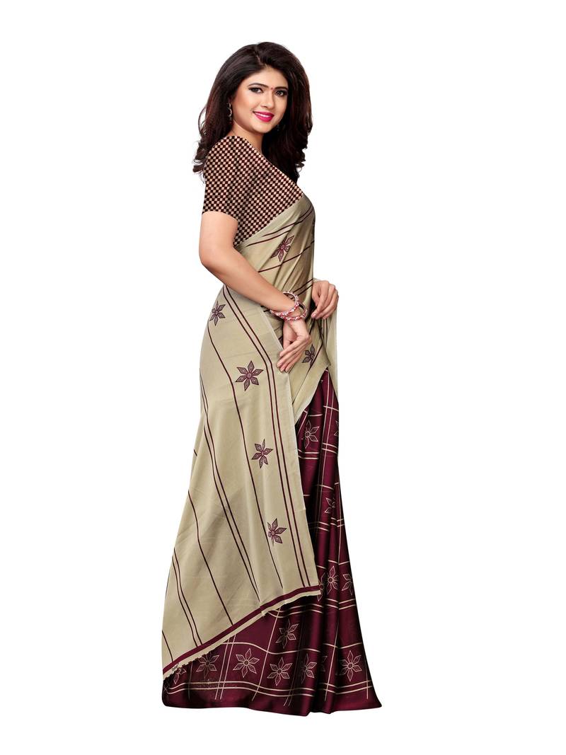 Beige Printed Shimmer Sarees With Blouse