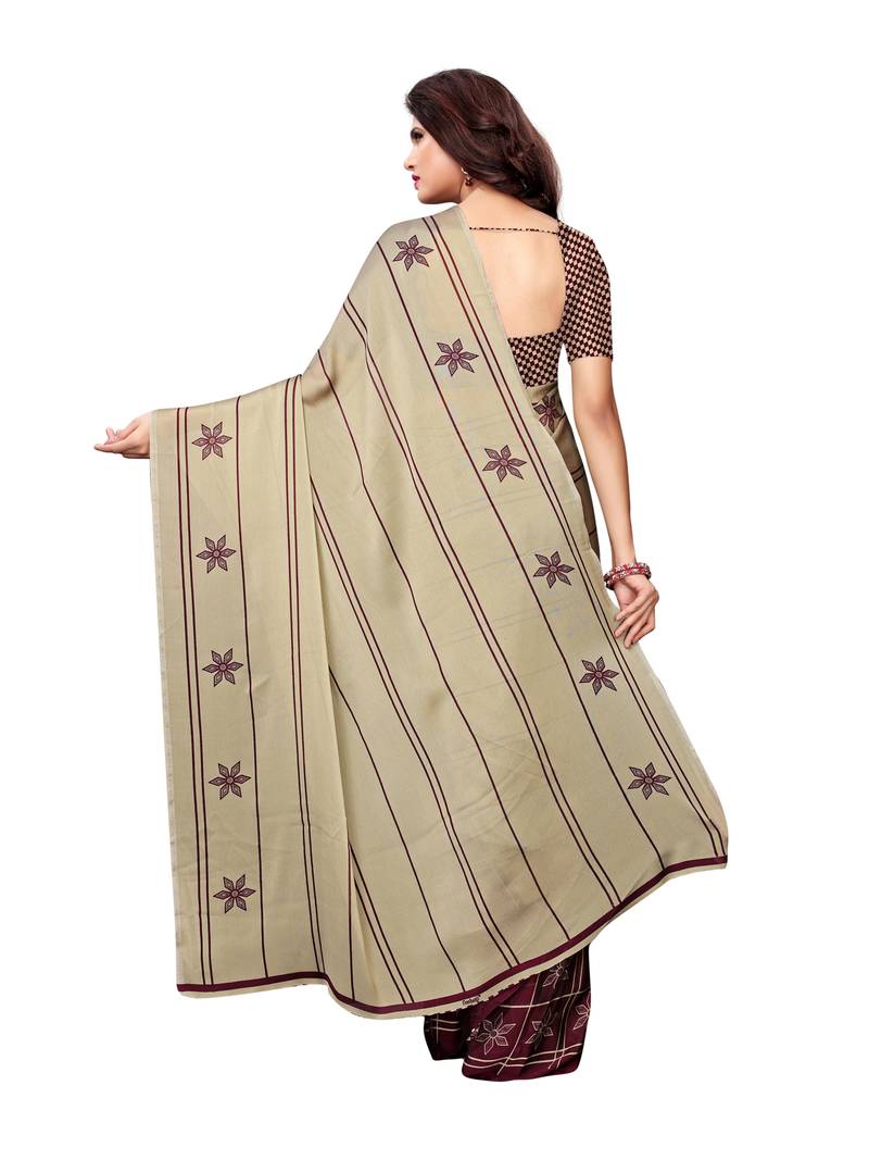 Beige Printed Shimmer Sarees With Blouse