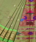 Olive Paithani Silk Handloom Saree with Single Pallu Design