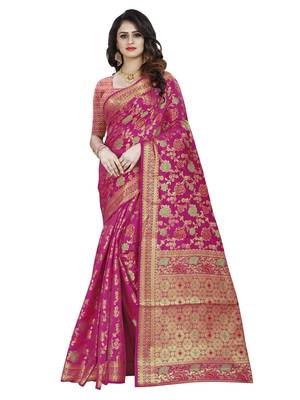 Pink woven banarasi saree with blouse 1