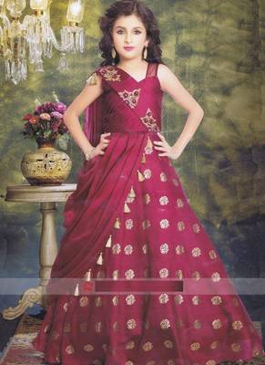 Maroon embroidered silk kids gowns 1