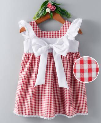 Red printed blended cotton kids frock 1