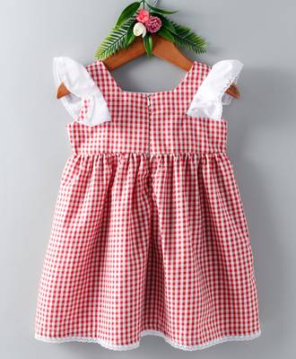 Red printed blended cotton kids frock 2