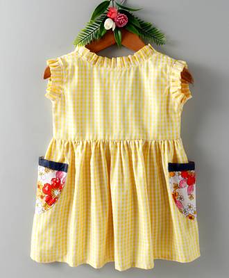 Yellow printed blended cotton kids frock 2