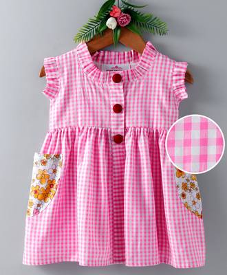 Pink printed blended cotton kids frock 1