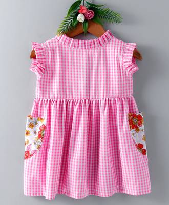 Pink printed blended cotton kids frock 3