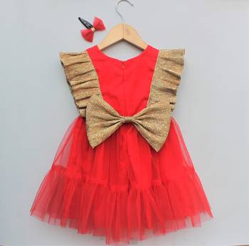 Red plain net kids frock 2