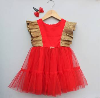 Red plain net kids frock 1