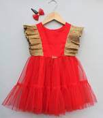 Red plain net kids frock
