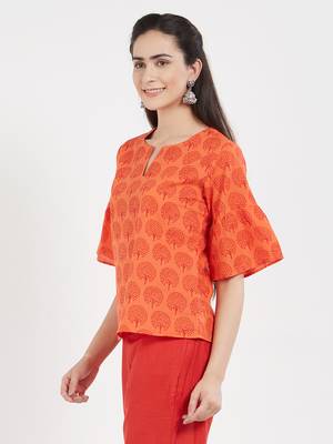 Orange printed cotton tops 4