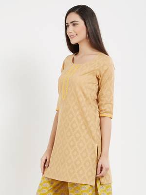 Beige plain cotton kurta 3