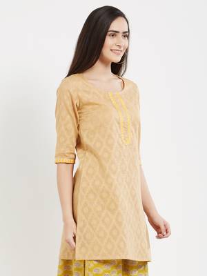 Beige plain cotton kurta 4