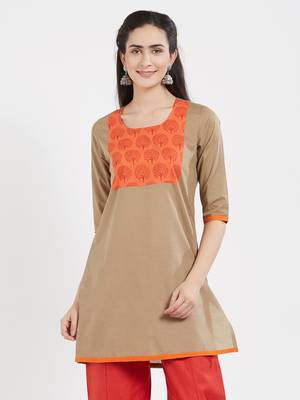 Beige plain cotton kurta 1