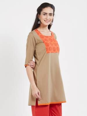 Beige plain cotton kurta 3
