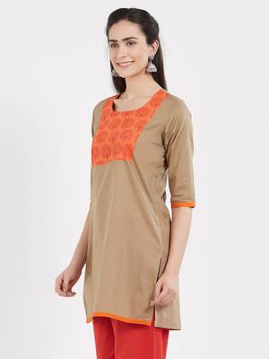 Beige plain cotton kurta 4