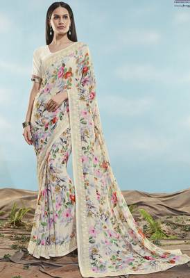 Off White Printed Georgette Saree With Blouse 1