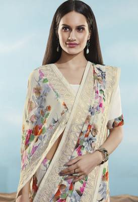 Off White Printed Georgette Saree With Blouse 2
