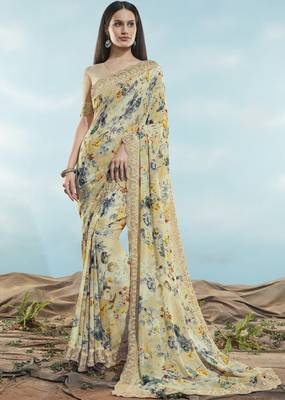 Grey printed georgette saree with blouse 1