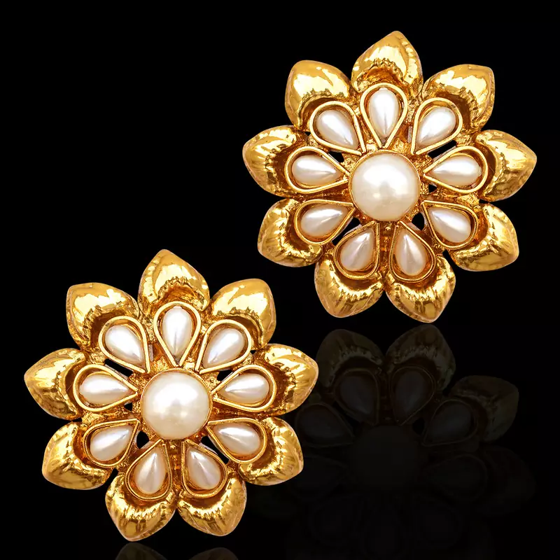 Traditional South Indian Bollywood Jewelry Gold Finish Pearl Polki Stud Earrings
