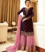 Wine embroidered georgette salwar with dupatta
