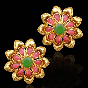 Traditional South Indian Bollywood Jewelry Gold Finish Pearl Polki Stud Earrings 1
