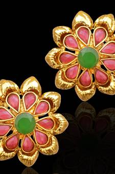 Traditional South Indian Bollywood Jewelry Gold Finish Pearl Polki Stud Earrings