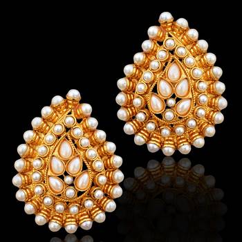 Ethnic Indian Bollywood Jewelry Gold Finish Pearl Polki Stud Earrings 1