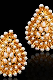 Ethnic Indian Bollywood Jewelry Gold Finish Pearl Polki Stud Earrings