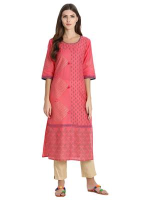 Peach printed cotton kurti 1