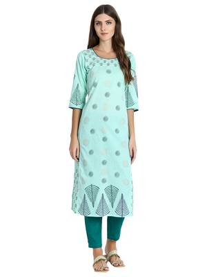 Sea-green printed cotton kurti 1