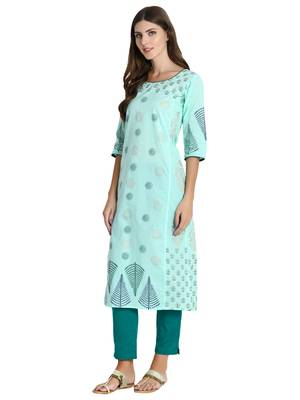 Sea-green printed cotton kurti 3