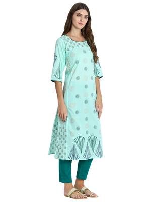 Sea-green printed cotton kurti 4