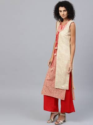 Beige printed cotton kurti 3