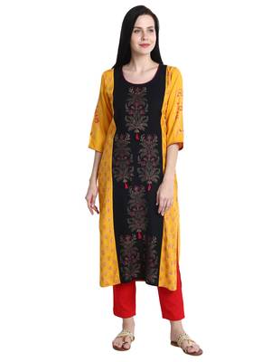 Mustard printed viscose rayon kurti 1