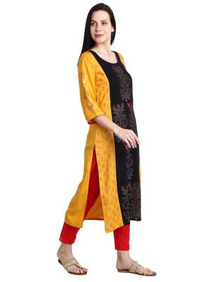 Mustard printed viscose rayon kurti 4