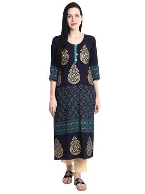 Navy-blue printed viscose rayon kurti 1