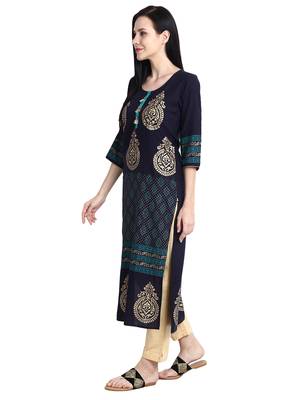 Navy-blue printed viscose rayon kurti 3