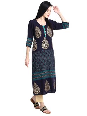 Navy-blue printed viscose rayon kurti 4