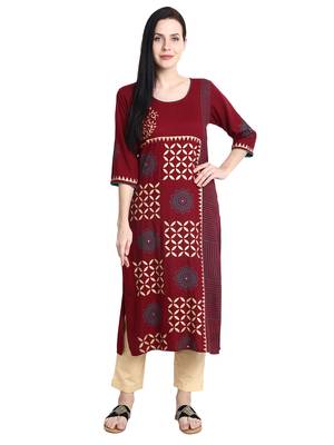 Maroon printed viscose rayon kurti 1