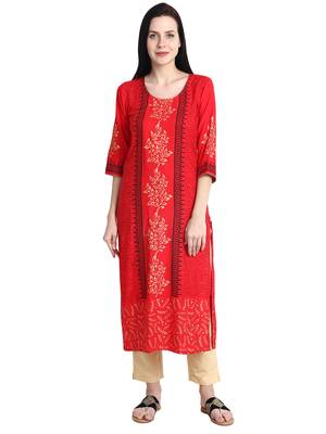 Red printed viscose rayon kurti 1
