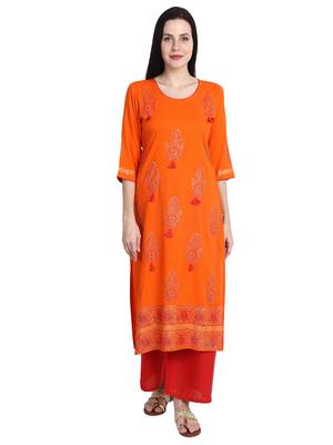 Orange printed viscose rayon kurti 1
