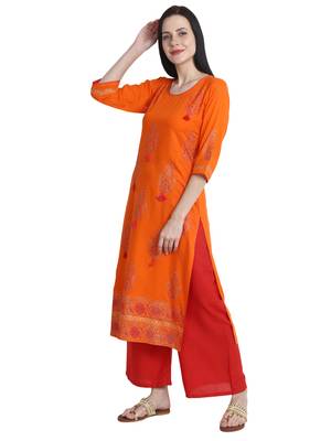 Orange printed viscose rayon kurti 3