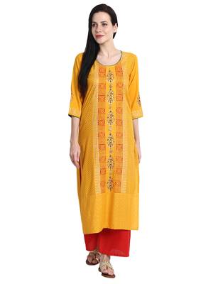 Mustard printed viscose rayon kurti 1